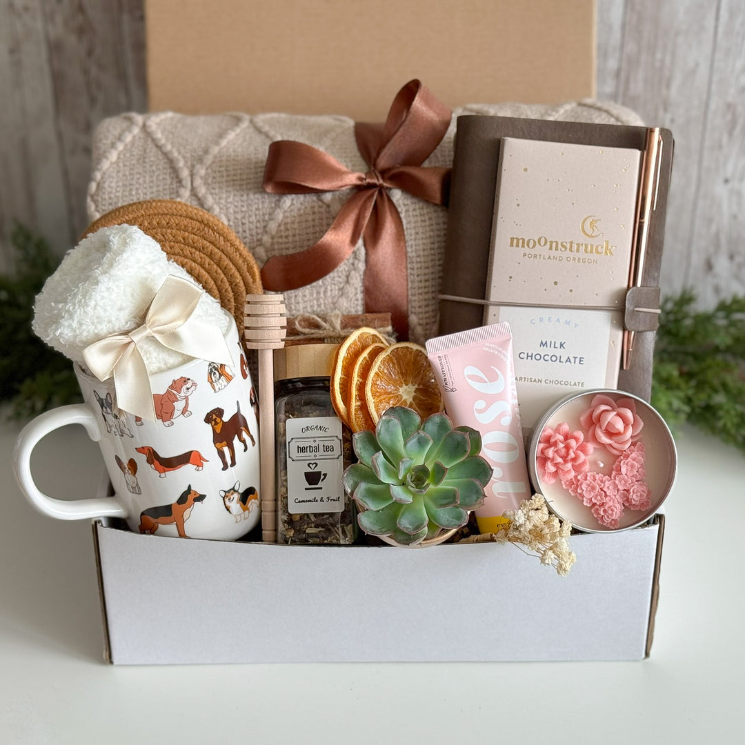Dog Lover Gift Basket for Her with Blanket