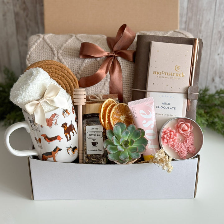 Dog Lover Gift Basket for Her with Blanket