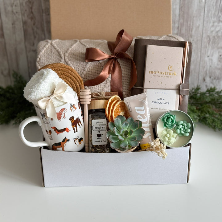 Dog Lover Gift Basket for Her with Blanket