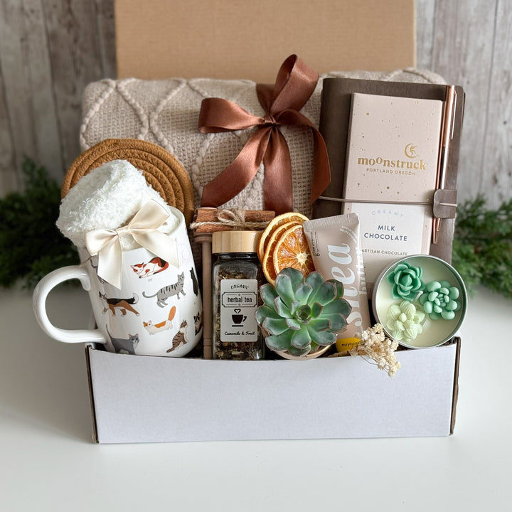 Cat Lover Gift Basket for Her with Blanket