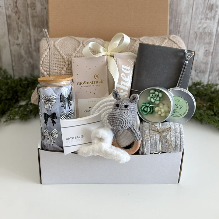 Postpartum Care Package for New Mom with Mama Tumbler and Baby Rattle