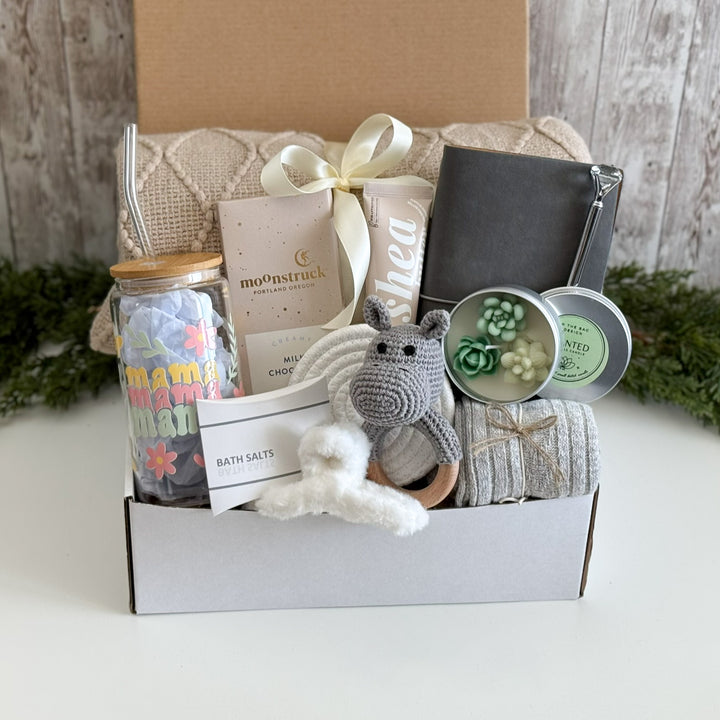 Postpartum Care Package for New Mom with Mama Tumbler and Baby Rattle