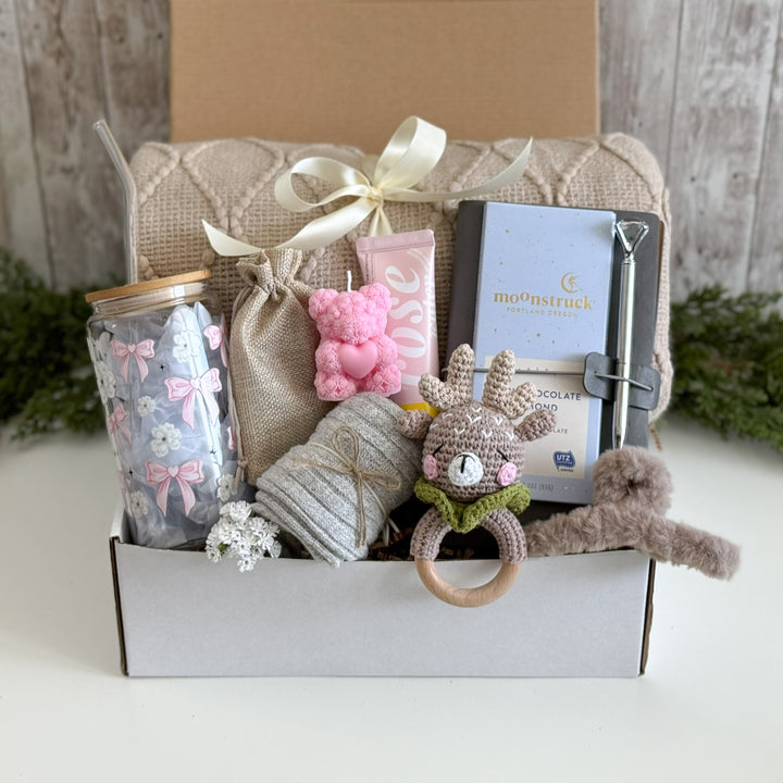 First Mother's Day Gift Basket with Mama Tumbler and Elephant Rattle