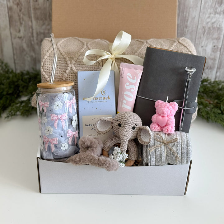 First Mother's Day Gift Basket with Mama Tumbler and Elephant Rattle