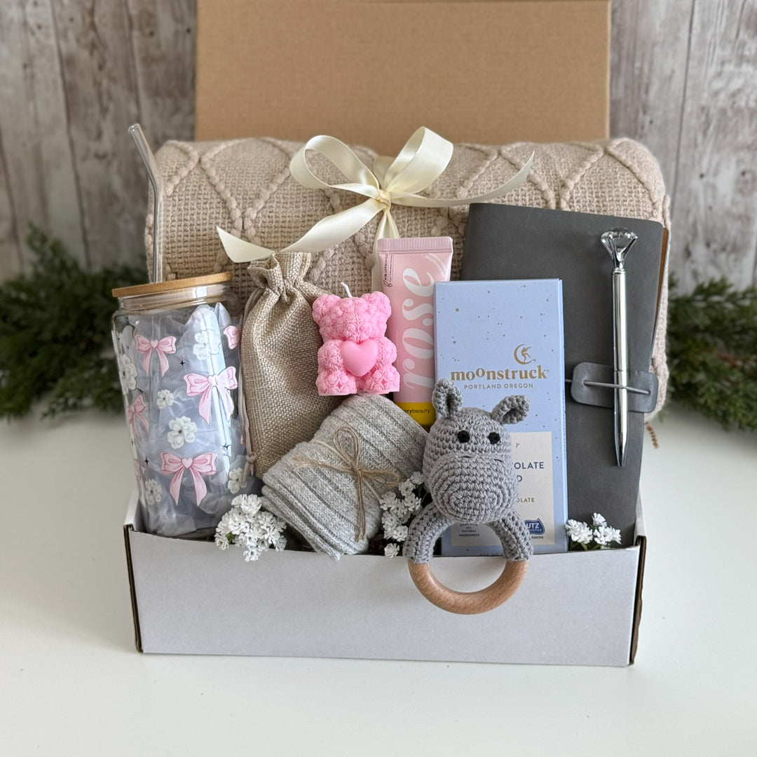 First Mother's Day Gift Basket with Mama Tumbler and Elephant Rattle