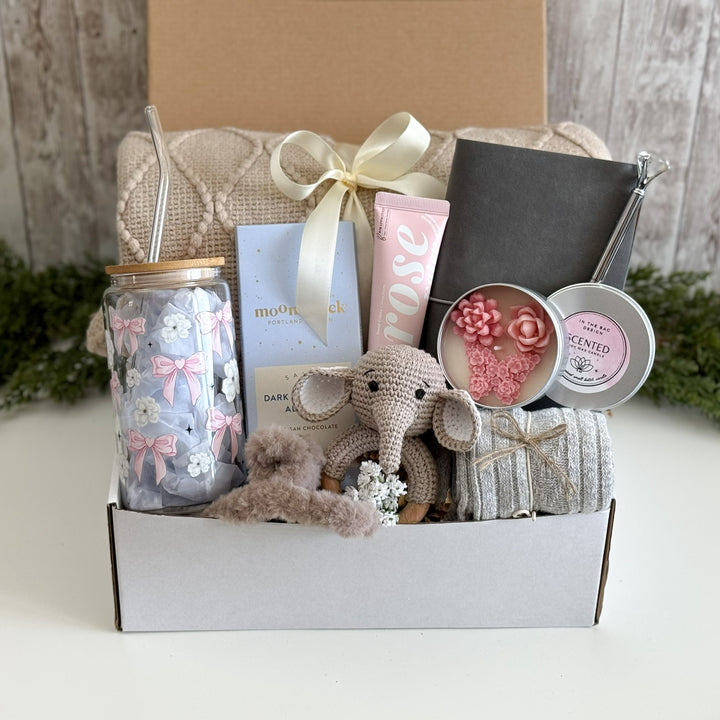 Push Present Gift Basket for New Mom with Bow Tumbler and Elephant Rattle
