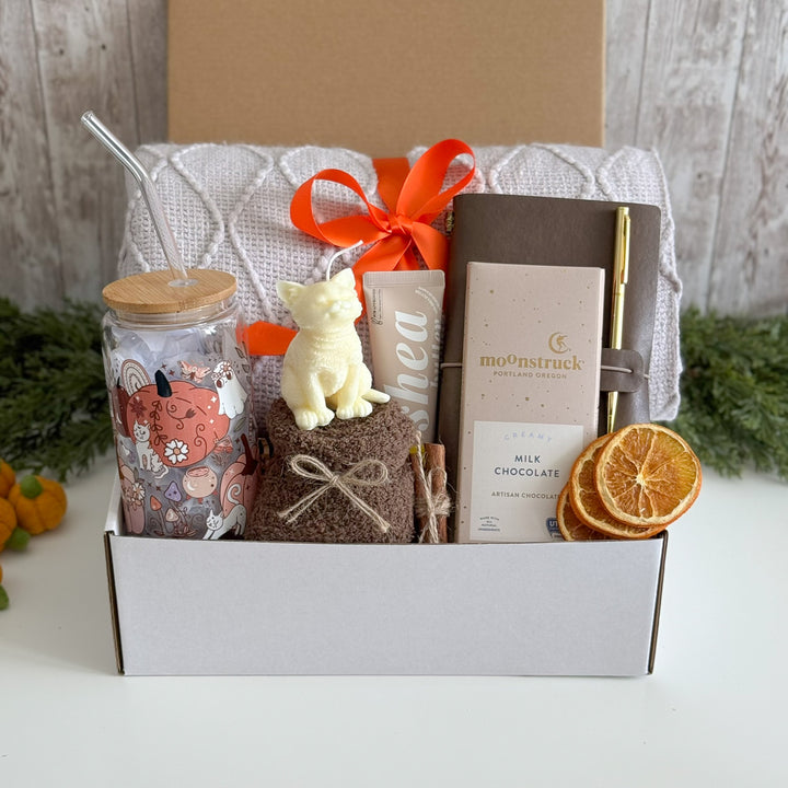 Fall Cat Mom Gift Basket with Blanket