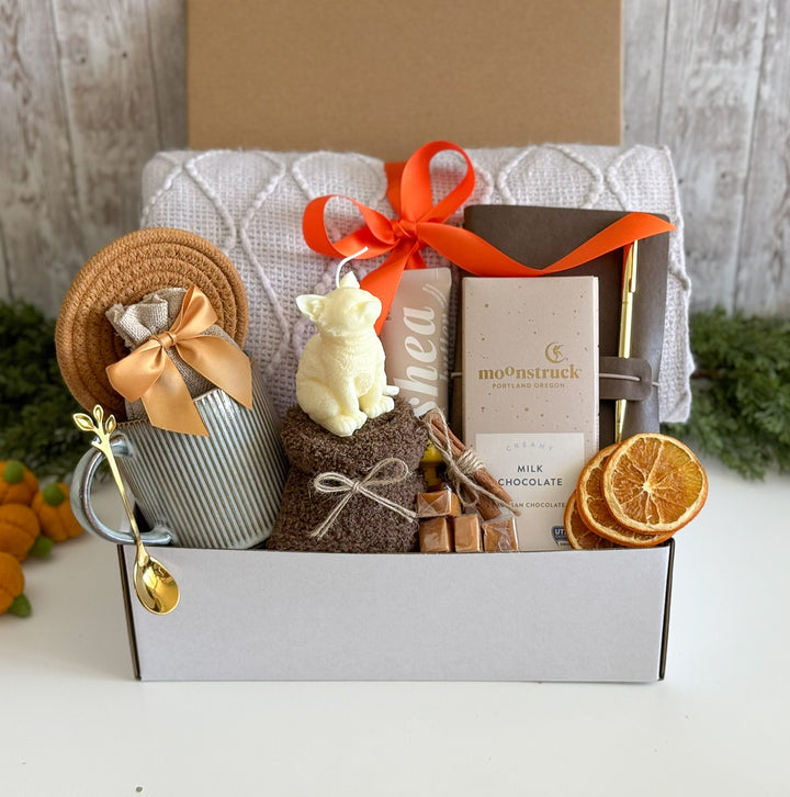 Fall Cat Mom Gift Basket with Blanket