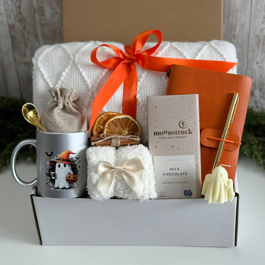 Orange & Black Halloween Treat Box with Ghost Mug, Journal and Chocolate