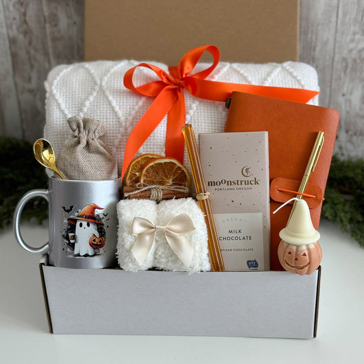 Witchy Halloween Gift Box with Ghost Mug, Orange Journal and Chocolate