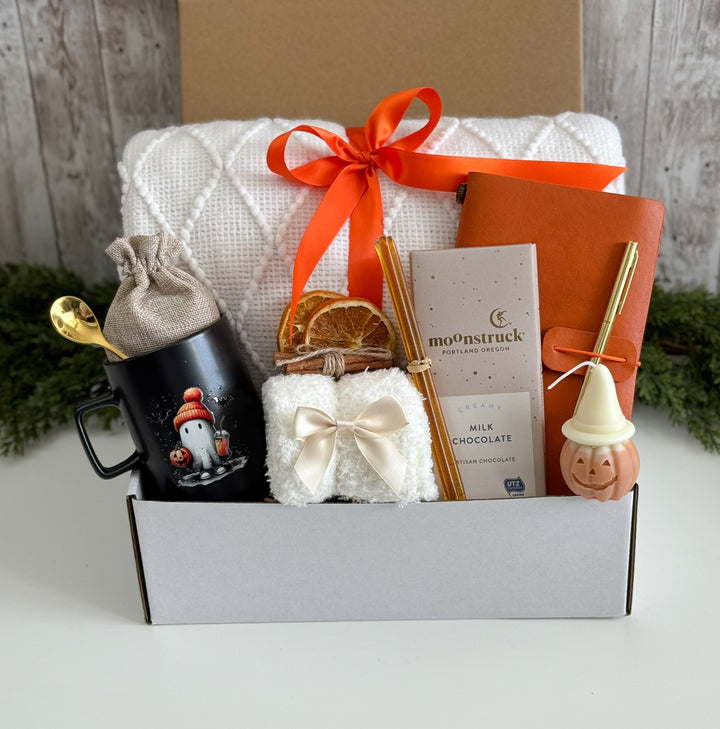 Witchy Halloween Gift Box with Ghost Mug, Orange Journal and Chocolate
