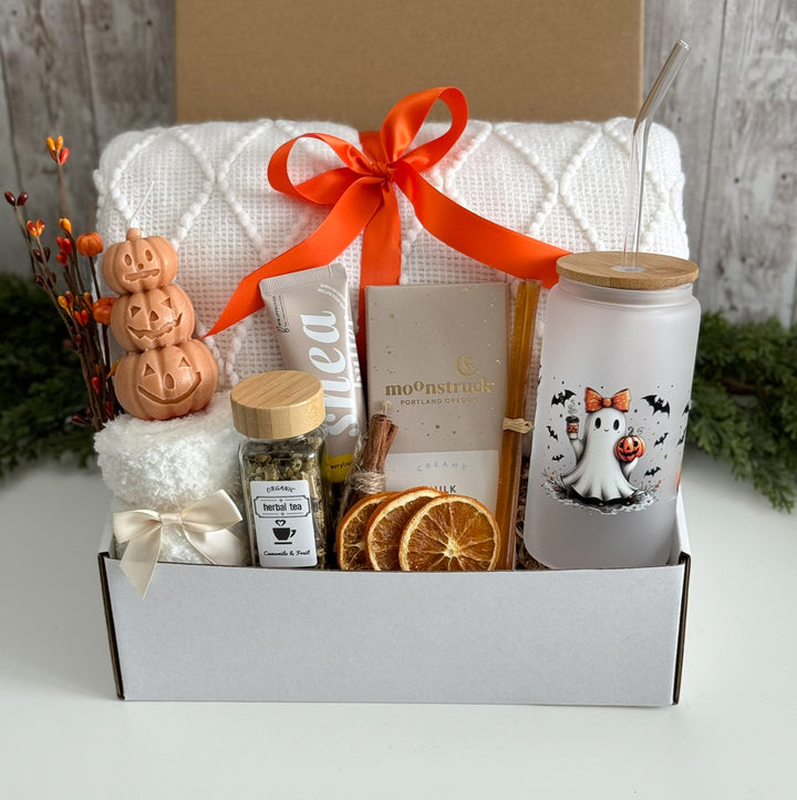 Ghostly Tea-Time Halloween Gift Box with Tumbler, Blanket and Chocolate