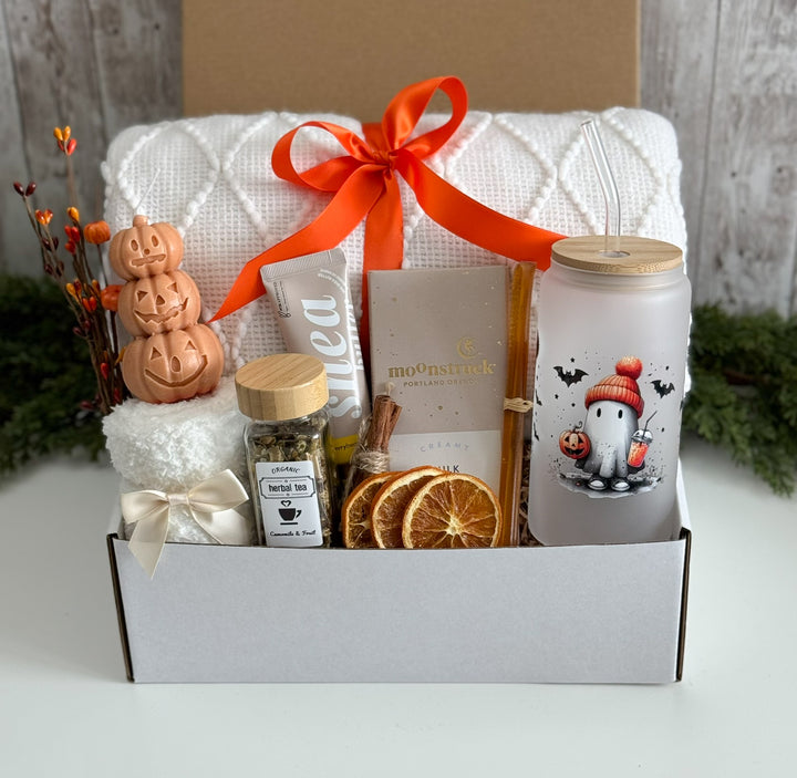 Ghostly Tea-Time Halloween Gift Box with Tumbler, Blanket and Chocolate