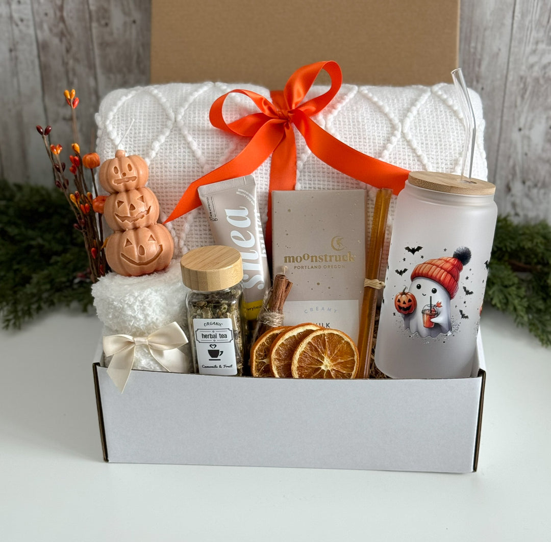 Ghostly Tea-Time Halloween Gift Box with Tumbler, Blanket and Chocolate