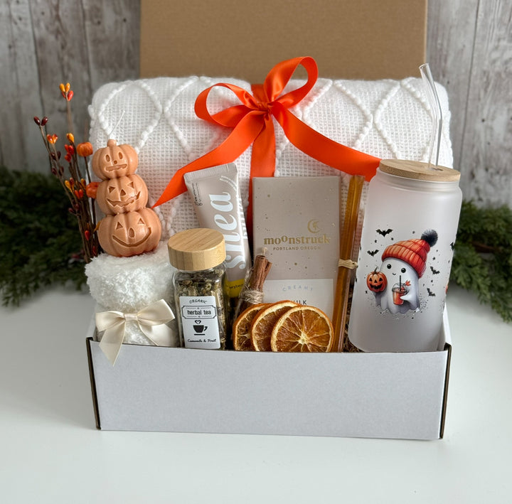 Ghostly Tea-Time Halloween Gift Box with Tumbler, Blanket and Chocolate