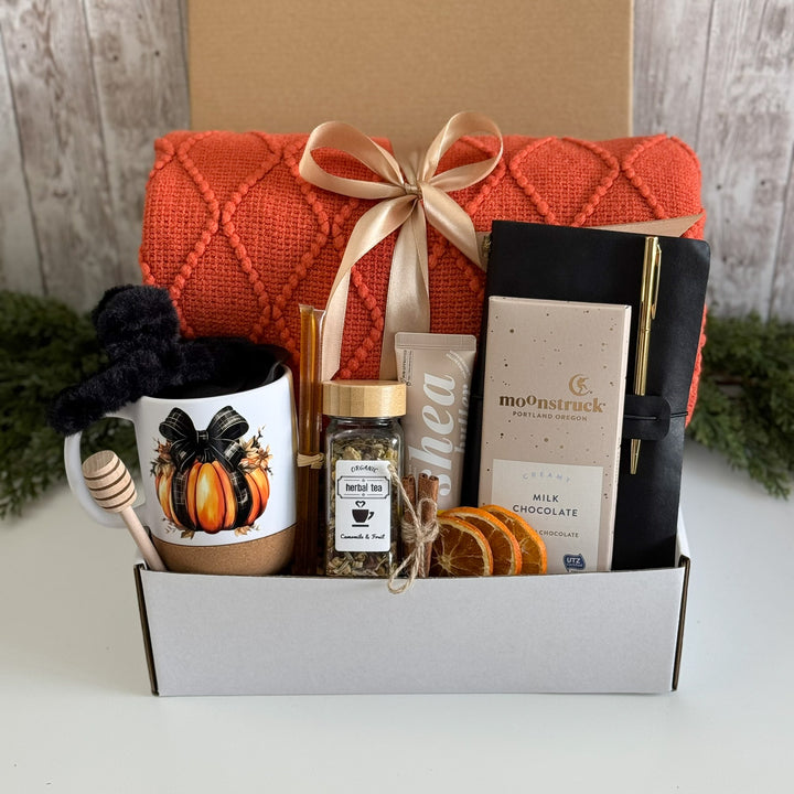 Pumpkin Bow Autumn Tea Gift Box with Blanket
