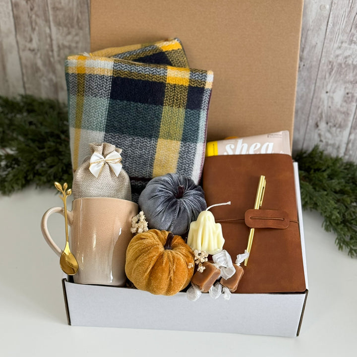 Mustard Plaid Fall Writing Gift Box with Winter Scarf