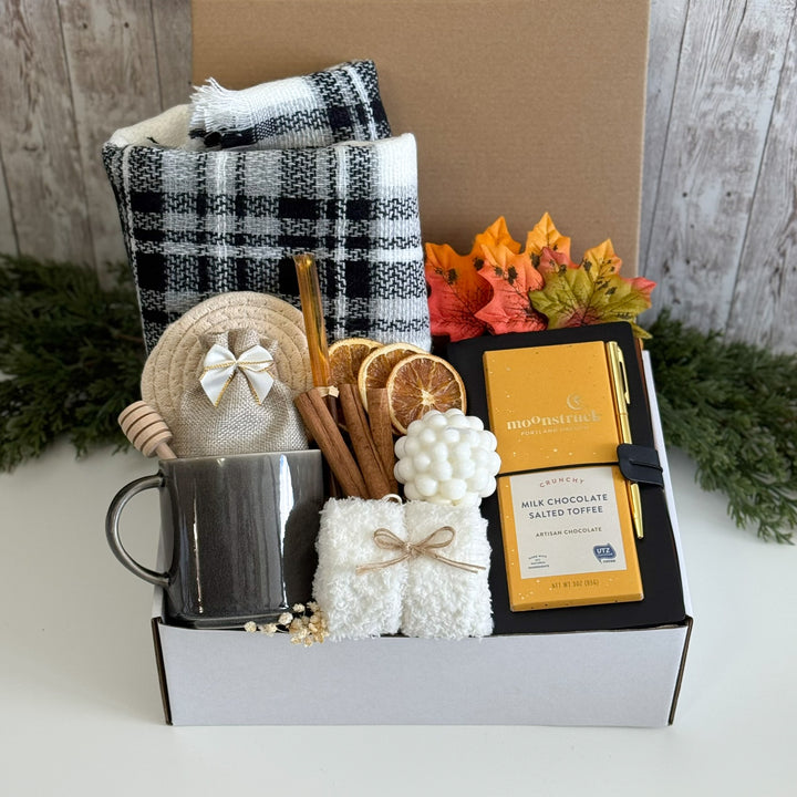 Fall Gift Box with Plaid Scarf and Gray Mug