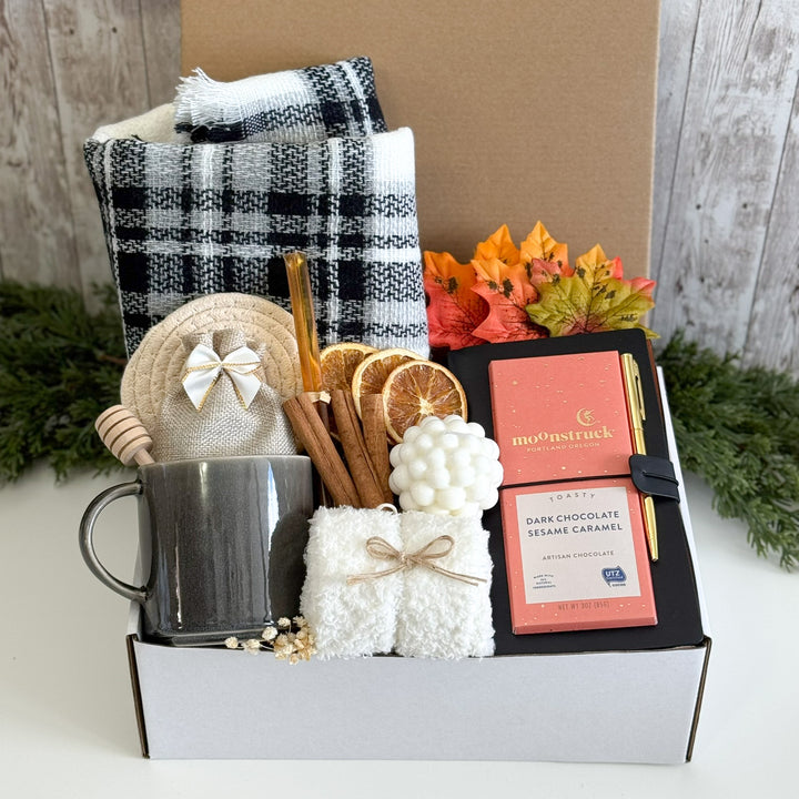 Fall Gift Box with Plaid Scarf and Gray Mug