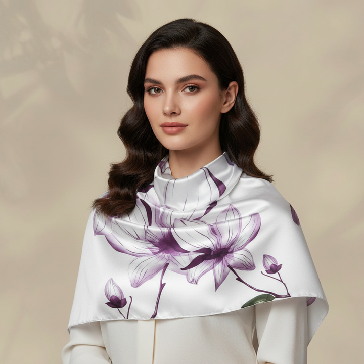 A square white fabric napkin or table linen featuring a purple watercolor-style floral print, displayed diagonally on a neutral beige background.