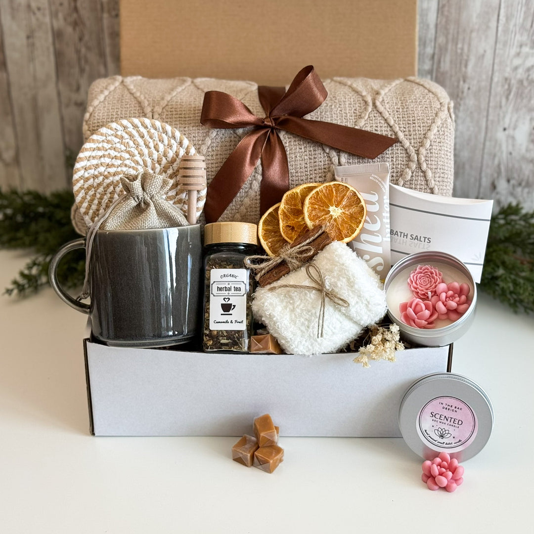 Just Because Gift Basket for Her with Blanket, Mug and Floral Candle