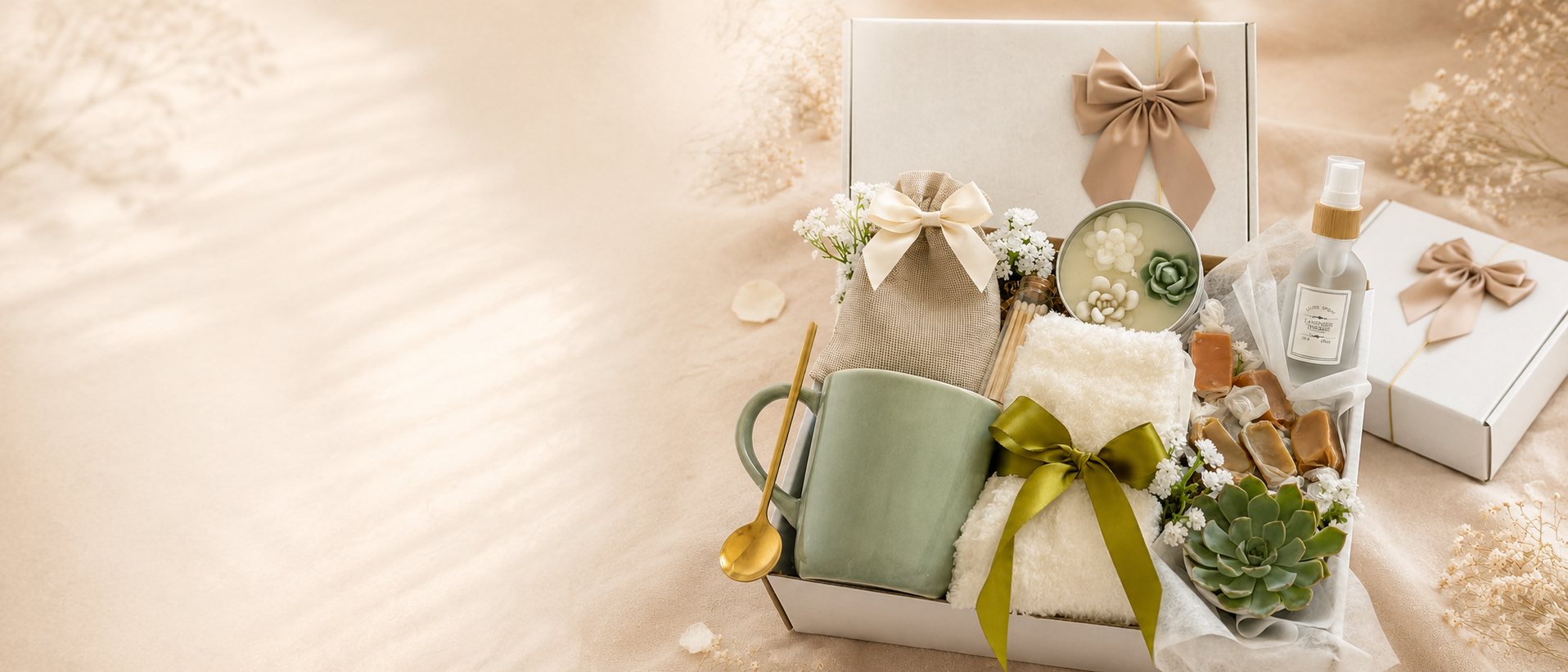 A styled gift set arranged in open boxes on a soft beige surface. The set includes a sage green ceramic mug with a gold spoon, a white towel tied with a green ribbon, a small succulent, a round glass jar, a bottle, and wrapped gift boxes with beige bows.