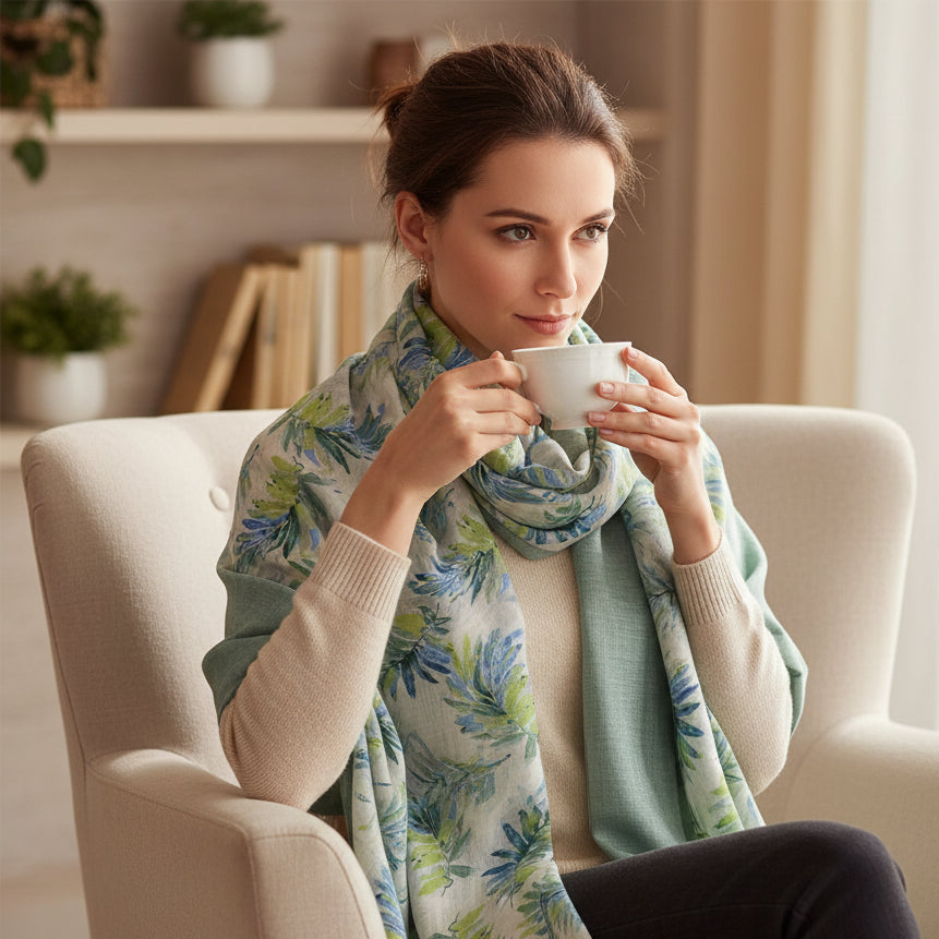 A woman sitting in a cream armchair, holding a white teacup. She is wearing a light sage green knit sweater and a matching sage green scarf with a blue and green tropical leaf pattern.