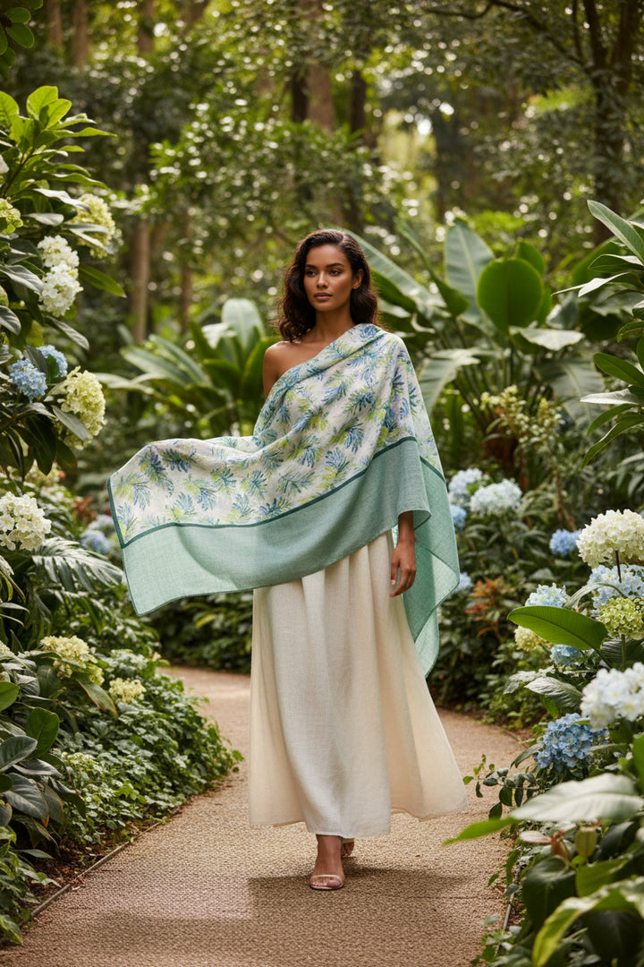 She is wearing a light sage green knit sweater and a matching light sage green scarf with a blue and green tropical leaf pattern.