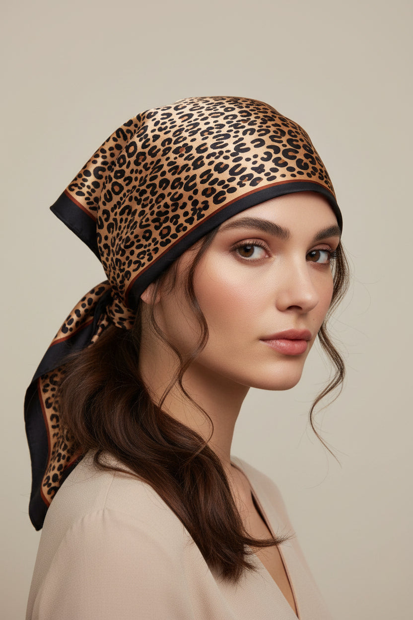 A woman with her hair pulled back wears a leopard-print silk scarf tied around her low ponytail, paired with a black long-sleeve top against a solid beige background.