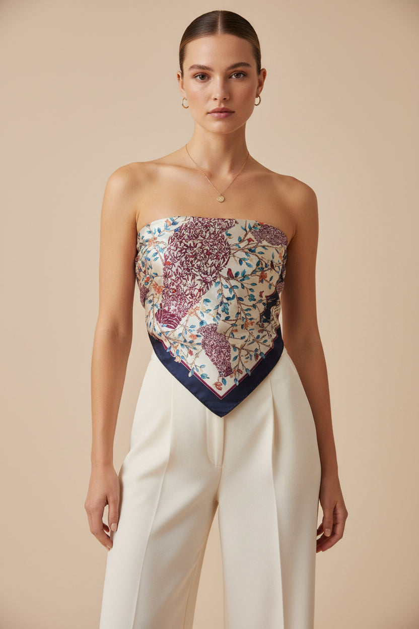 A model wearing a strapless bandeau top with a floral and paisley pattern in purple, blue, and beige, paired with cream-colored wide-leg trousers, set against a solid beige background.