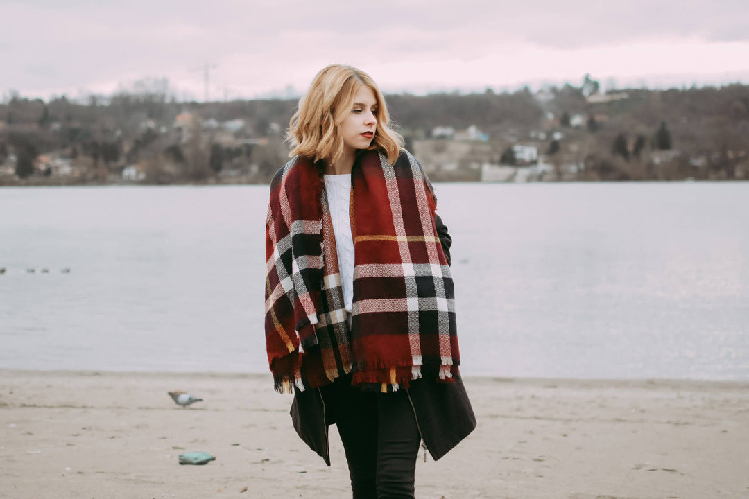 Maroon & Navy Blanket Scarf, Blanket Scarf, Tartan Plaid Scarf, Oversized Scarf, Personalized Gifts, Winter Scarf, Bridesmaid Favors - In The Bag Design