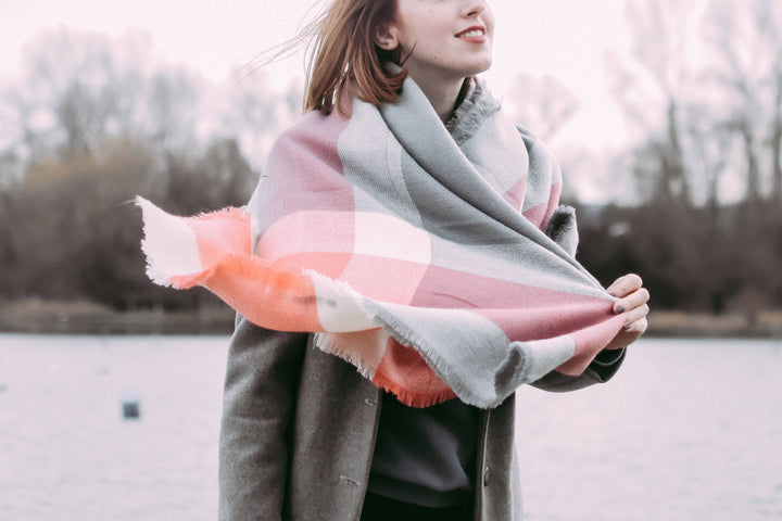 Coral & Light Gray Blanket Scarf, Oversized Scarf, Personalized Gifts, Winter Scarf, Bridesmaid Gifts, Monogrammed Plaid Shawl