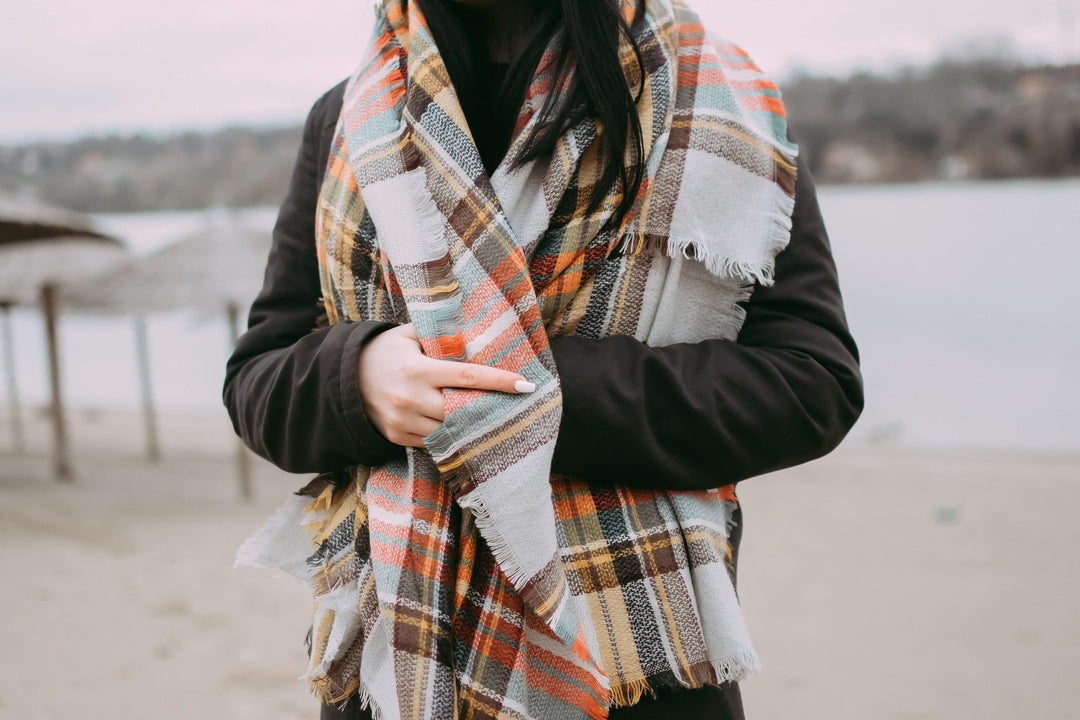 Mustard & Gray Plaid Blanket Scarf, Bridesmaid Shawl, Tartan Plaid Scarf, Oversized Scarf, Personalized Gift, Plaid Shawl Wrap Wedding Shawl - In The Bag Design