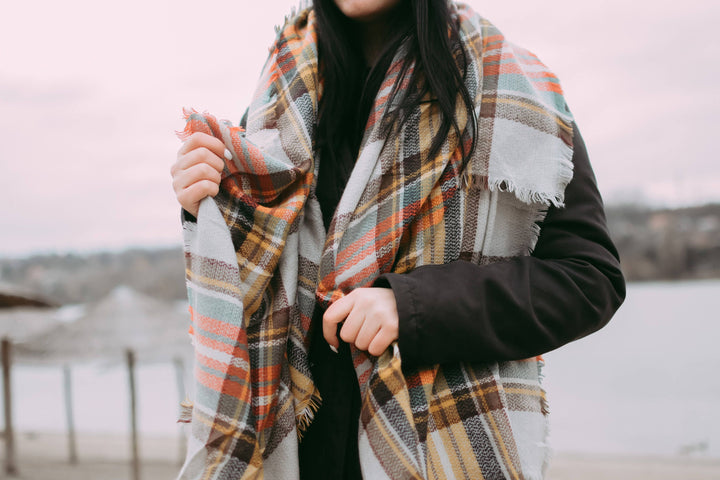 Mustard & Gray Plaid Blanket Scarf, Bridesmaid Shawl, Tartan Plaid Scarf, Oversized Scarf, Personalized Gift, Plaid Shawl Wrap Wedding Shawl - In The Bag Design