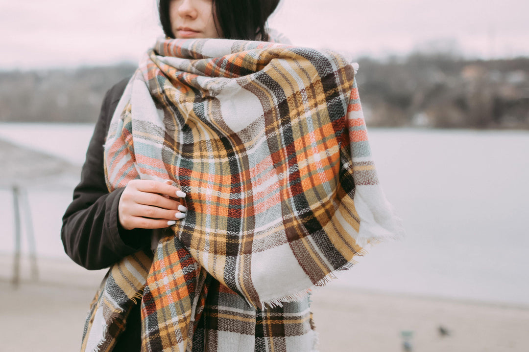 Mustard & Gray Plaid Blanket Scarf, Bridesmaid Shawl, Tartan Plaid Scarf, Oversized Scarf, Personalized Gift, Plaid Shawl Wrap Wedding Shawl - In The Bag Design