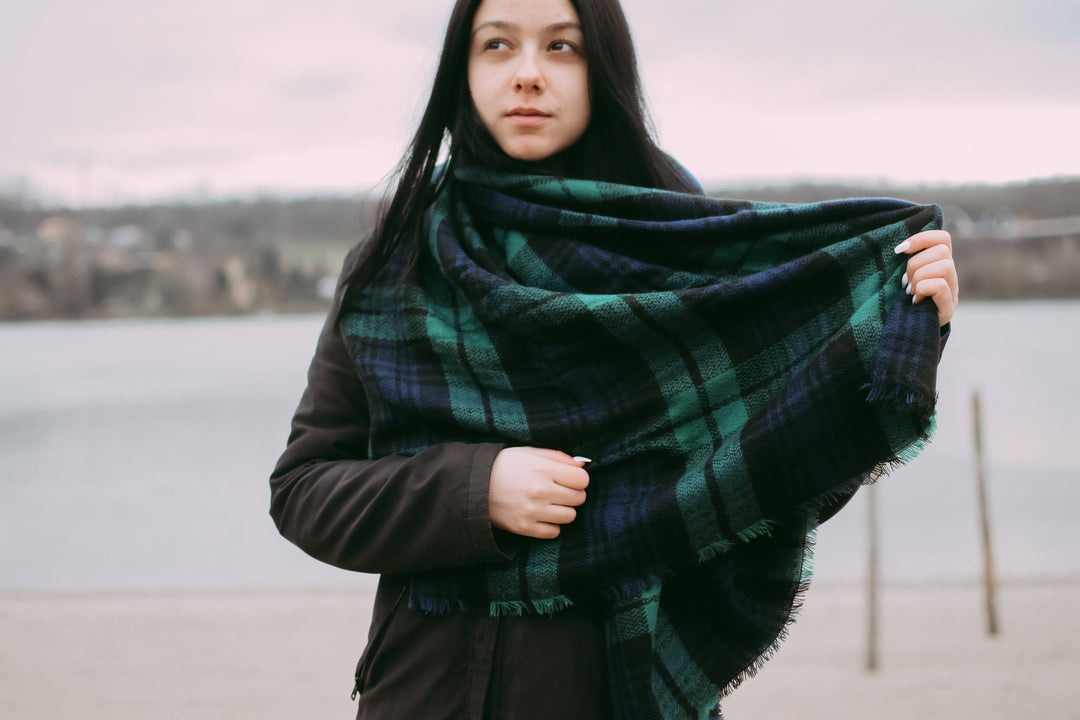 Hunter Green & Navy Plaid Blanket Scarf Bridesmaids Gifts, Oversized Scarf, Personalized Gifts, Bridesmaid Favors, Monogrammed Blanket Shawl - In The Bag Design