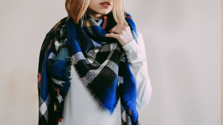 Royal Blue & Black Blanket Scarf, Oversized Scarf, Plaid Shawl, Personalized Gifts, Flannel Shawl, Bridesmaid Shawl, Wedding Favors Guests