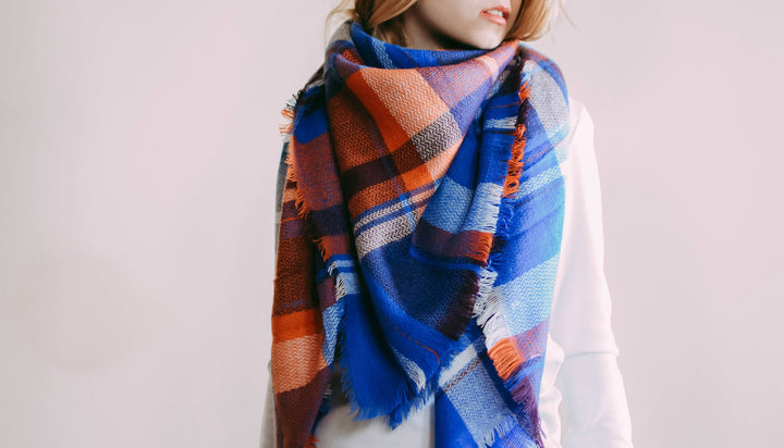 Sapphire Blue & Orange Blanket Scarf Oversized Scarf Bridesmaid Shawl Personalized Gifts Winter Scarf Bridesmaid Favors Plaid Shawl - In The Bag Design