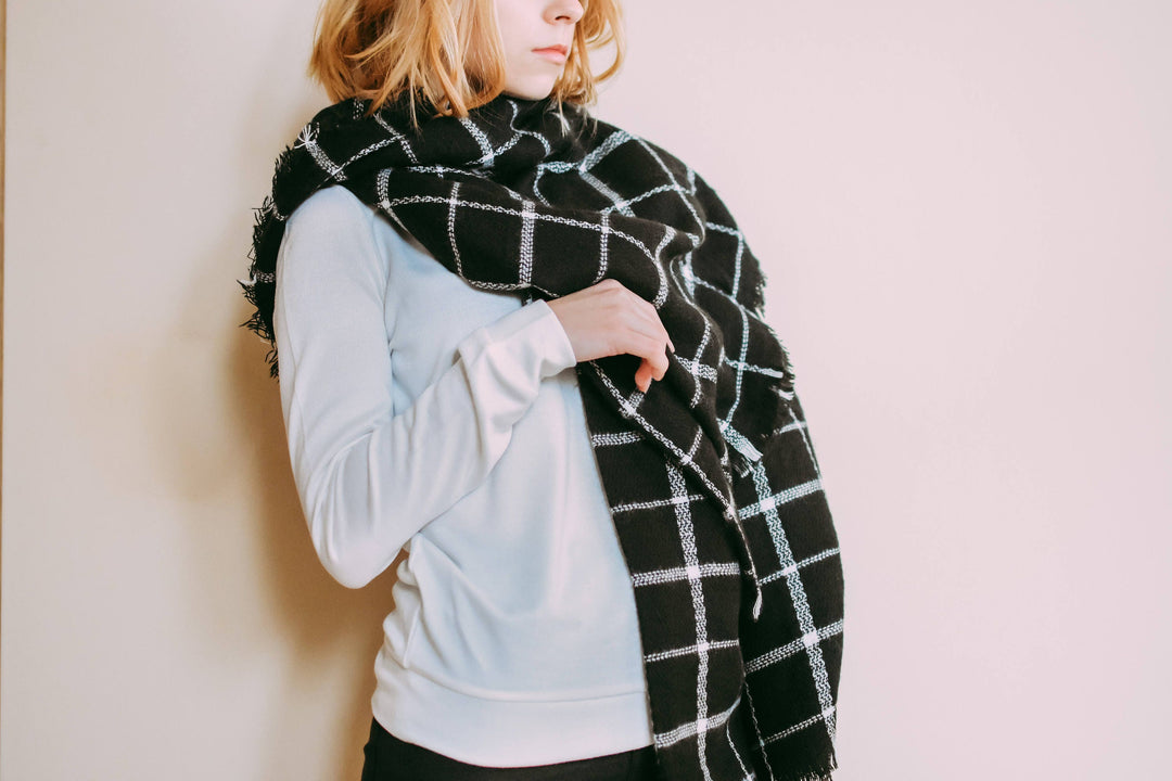 Black & White Blanket Scarf, Oversized Scarf, Personalized Gifts, Bridesmaid Shawl, Plaid Shawl, Flannel Shawl Wrap, Christmas Gift for Her - In The Bag Design