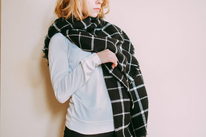 Black & White Blanket Scarf, Oversized Scarf, Personalized Gifts, Bridesmaid Shawl, Plaid Shawl, Flannel Shawl Wrap, Christmas Gift for Her - In The Bag Design