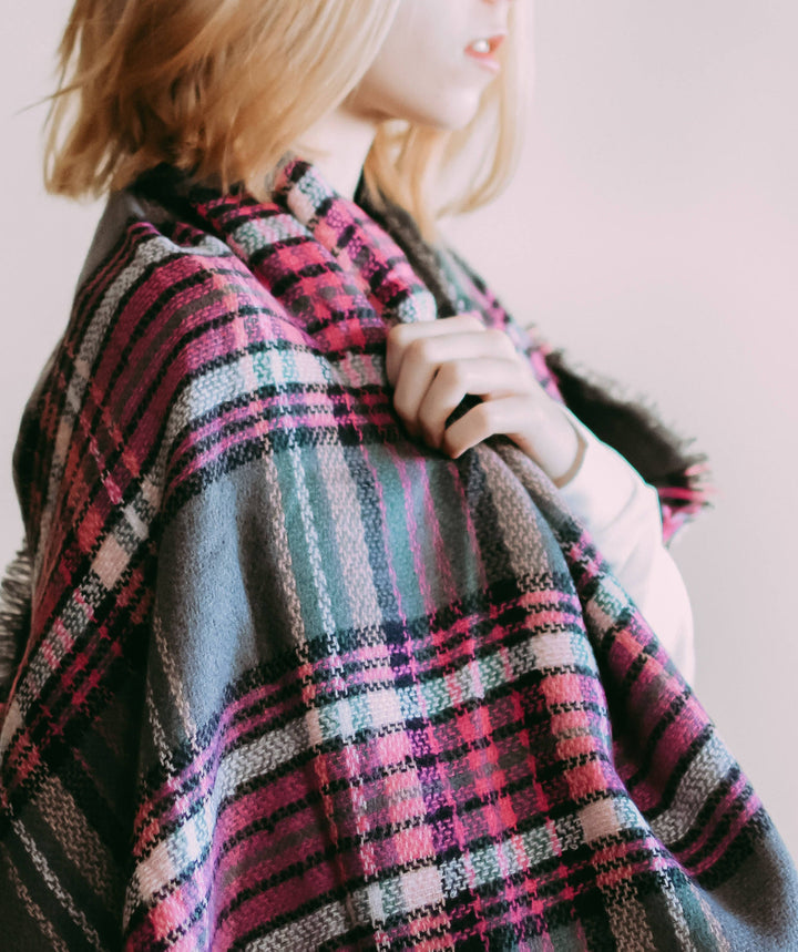 Hot Pink and Gray Blanket Scarf Bridesmaid Shawl Tartan Plaid Scarf Oversized Scarf Oversized Blanket Scarf Monogrammed Blanket Shawl