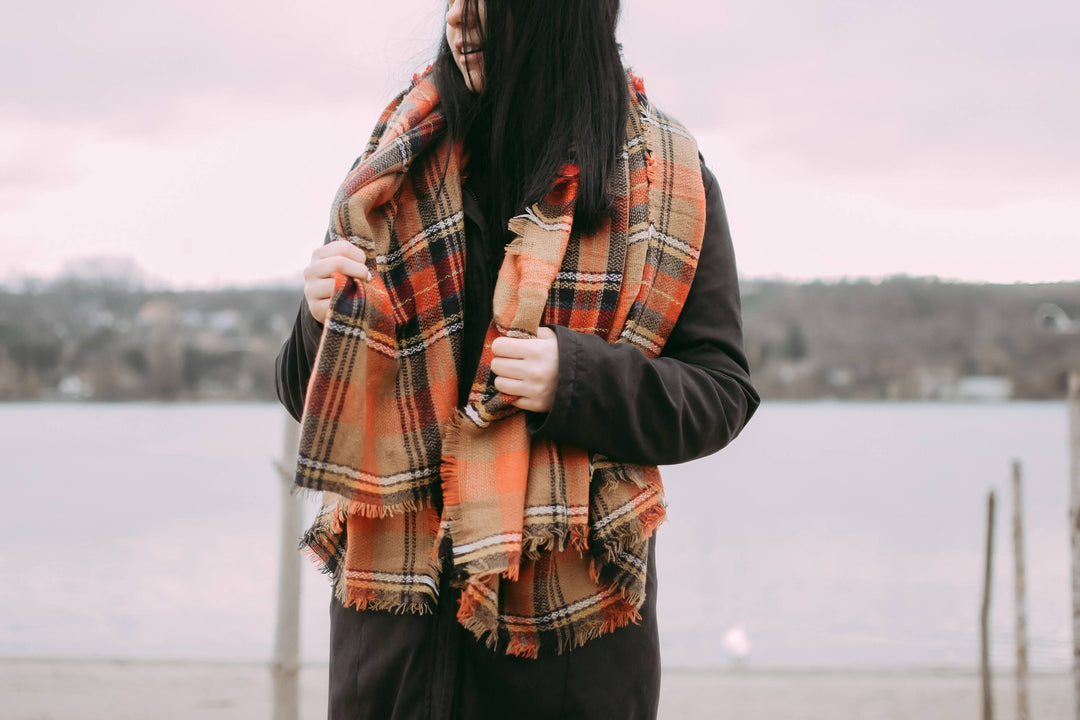 Caramel & Pumpkin Orange Blanket Scarf Oversized Scarf Personalized Gifts Shawls Wrap Bridesmaid Favors Bridesmaid Shawl Plaid Shawl Gift - In The Bag Design