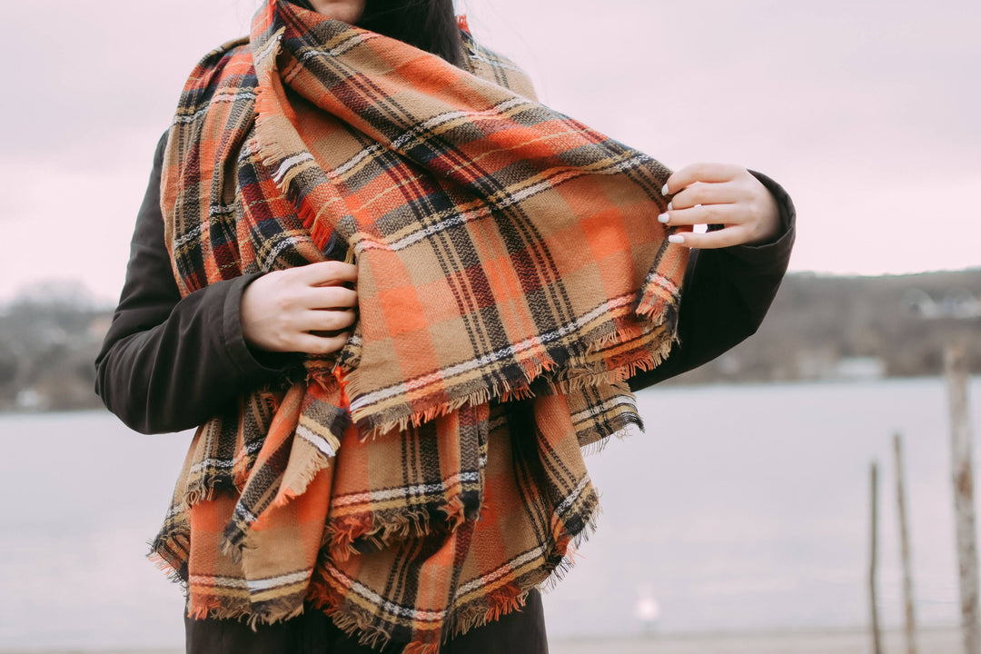 Caramel & Pumpkin Orange Blanket Scarf Oversized Scarf Personalized Gifts Shawls Wrap Bridesmaid Favors Bridesmaid Shawl Plaid Shawl Gift - In The Bag Design