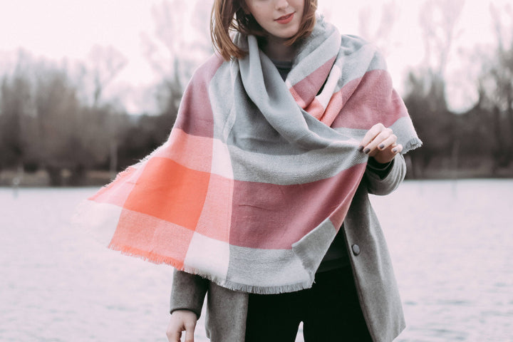 Coral & Light Gray Blanket Scarf, Oversized Scarf, Personalized Gifts, Winter Scarf, Bridesmaid Gifts, Monogrammed Plaid Shawl