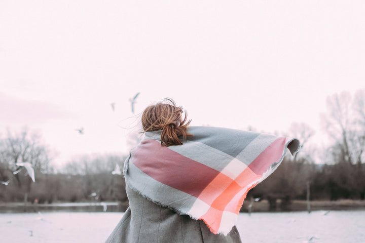 Coral & Light Gray Blanket Scarf, Oversized Scarf, Personalized Gifts, Winter Scarf, Bridesmaid Gifts, Monogrammed Plaid Shawl