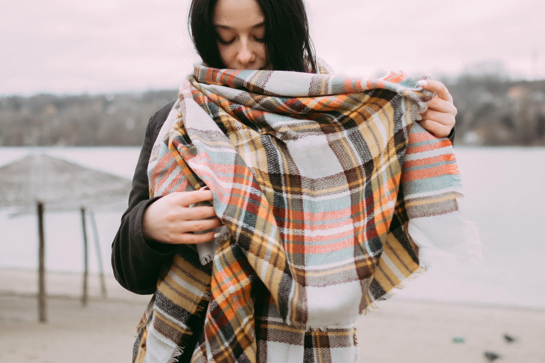 Mustard & Gray Plaid Blanket Scarf, Bridesmaid Shawl, Tartan Plaid Scarf, Oversized Scarf, Personalized Gift, Plaid Shawl Wrap Wedding Shawl - In The Bag Design