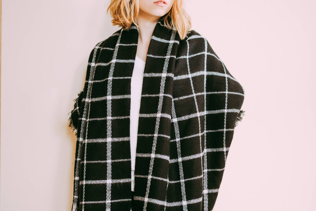 Black & White Blanket Scarf, Oversized Scarf, Personalized Gifts, Bridesmaid Shawl, Plaid Shawl, Flannel Shawl Wrap, Christmas Gift for Her - In The Bag Design