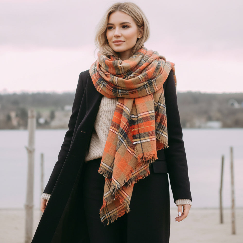 Caramel & Pumpkin Orange Blanket Scarf Oversized Scarf Personalized Gifts Shawls Wrap Bridesmaid Favors Bridesmaid Shawl Plaid Shawl Gift - In The Bag Design