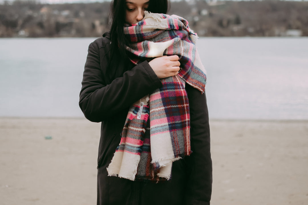 Beige Maroon Navy and Pink Blanket Scarf, Oversized Scarf, Personalized Gifts, Plaid Shawl, Bridesmaid Favors, Monogram Bridesmaid Shawl