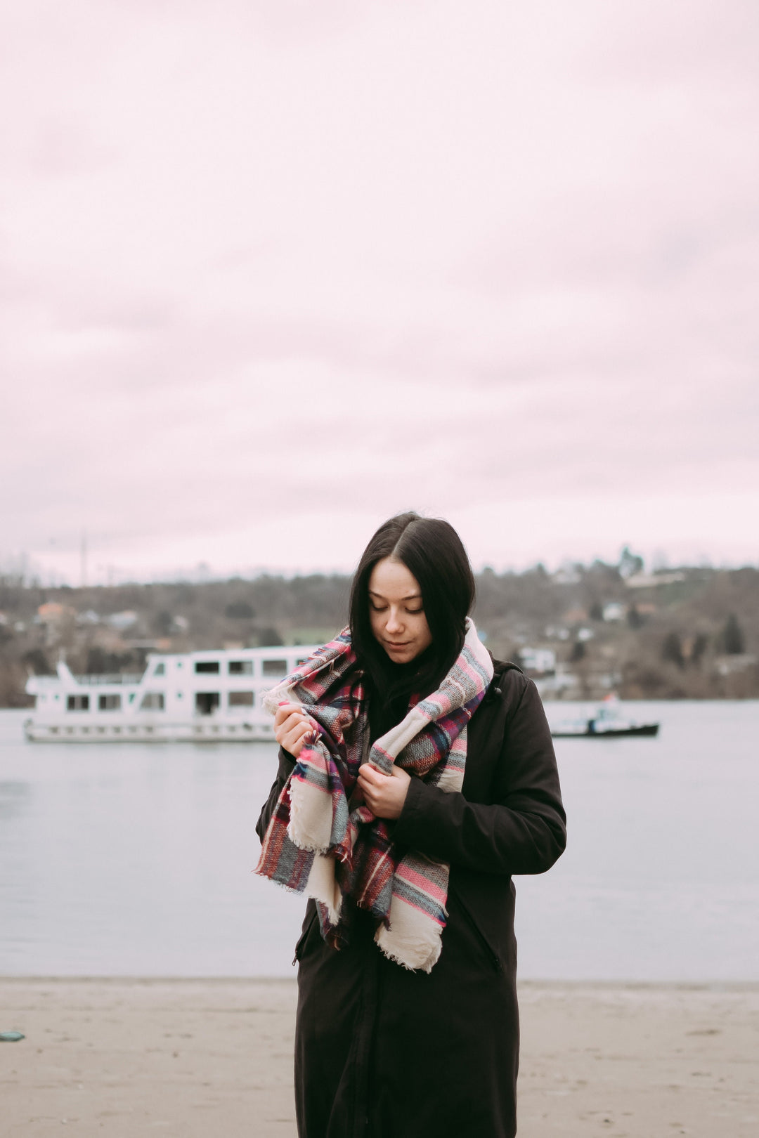 Beige Maroon Navy and Pink Blanket Scarf, Oversized Scarf, Personalized Gifts, Plaid Shawl, Bridesmaid Favors, Monogram Bridesmaid Shawl